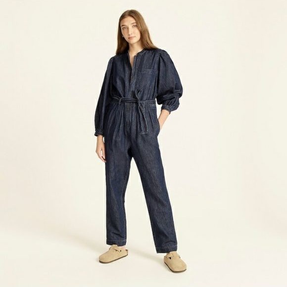 J. Crew Size 2 Puff-Sleeve Denim Jumpsuit, *Missing Belt - Picture 1 of 16